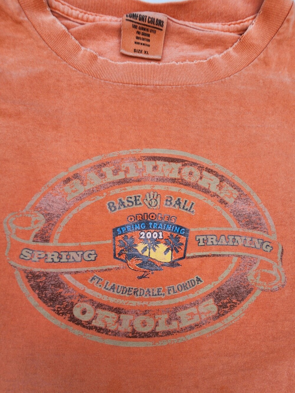 Vintage Men's Distressed Orange Graphic T-Shirt Baseball Design Sunfading XL